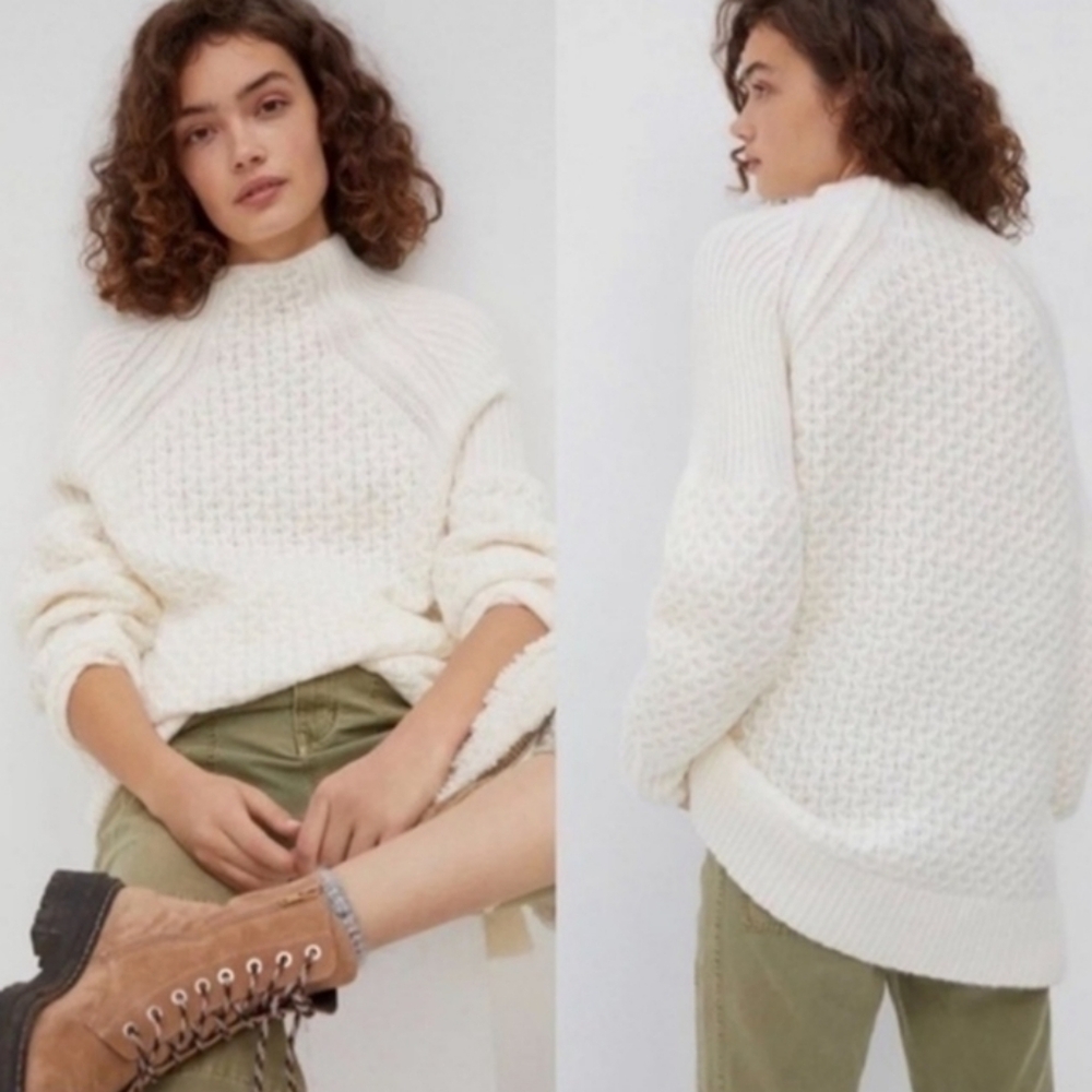 Anthropologie Bia Mock Neck Balloon Sleeve Sweater Ivory Cream White Alpaca
